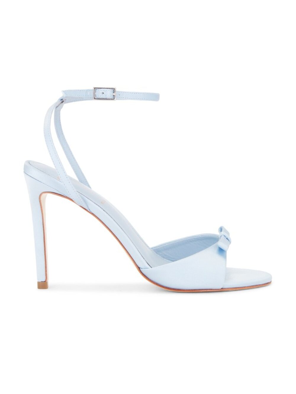 BLACK SUEDE STUDIO Albie 100 Bow Sandal in Blue Fog Satin high heel open toe